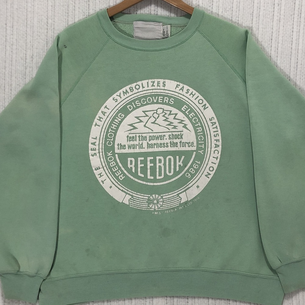 Vintage 80s Reebok Sweatshirt Mens L Green Graphic Crewneck 1986 Made in Taiwan